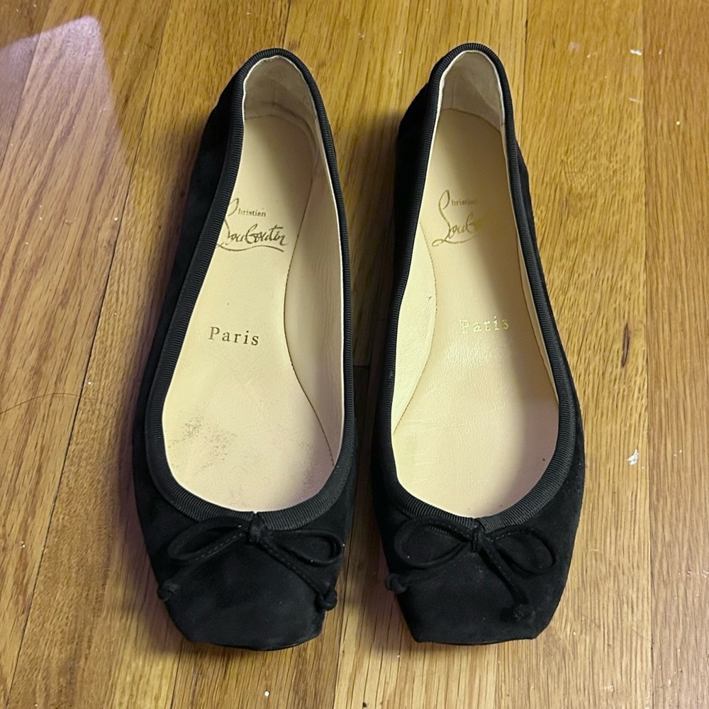 Vintage Christian Louboutin black velvet square flat toed ballet flats red soles